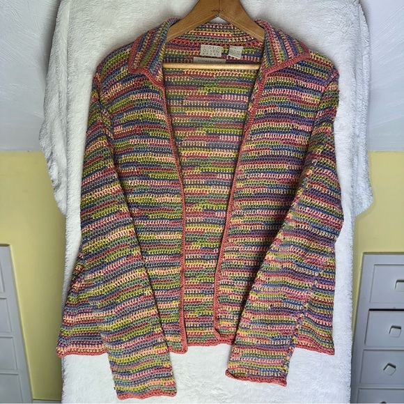 Vintage SIGRID OLSEN Sport Hand Knit Rainbow Cardigan Sweater L Cotton Linen Y2K - Picture 4 of 9
